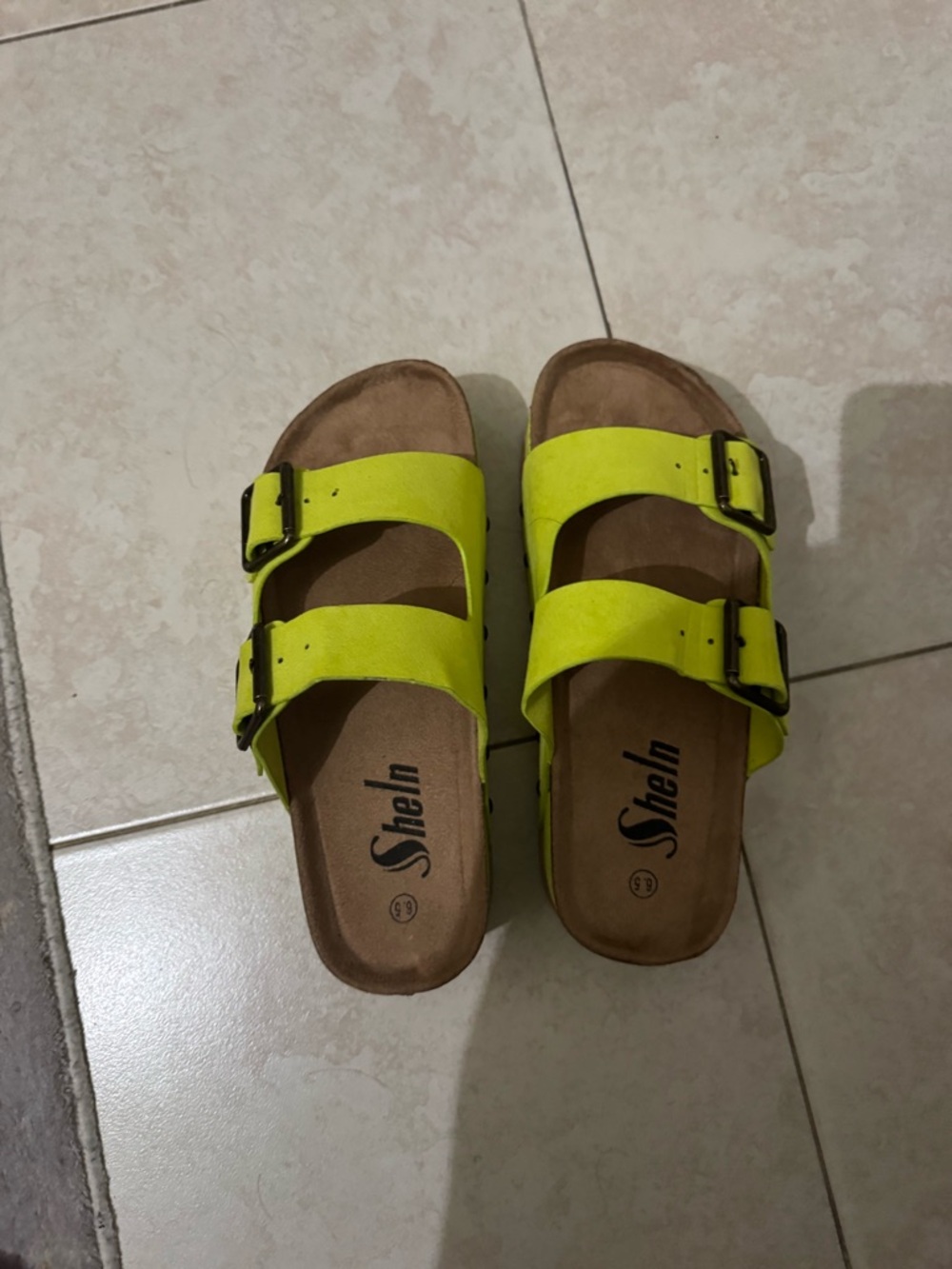 SHEIN Neon Lime Double Buckle Slide Sandals